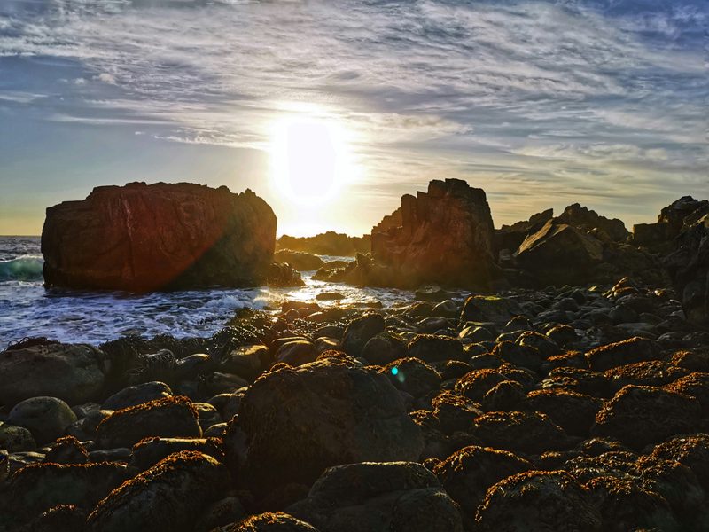 Low sun over the Pacific on the Chilean coast, lighting large rocks and a shore of seaweed-covered stones.